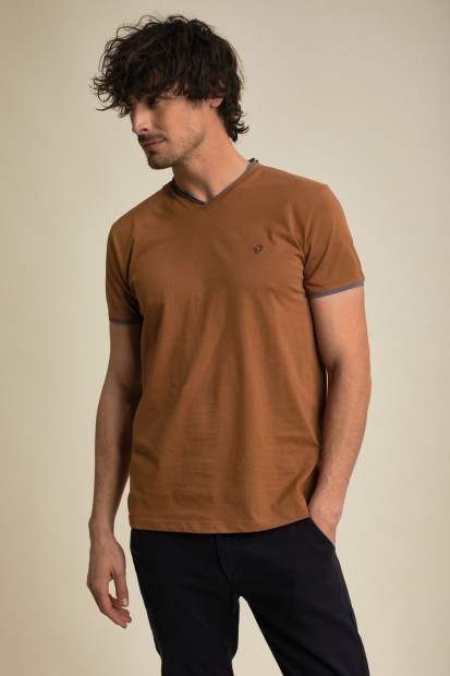 T-shirt coton uni col V TUJIANO