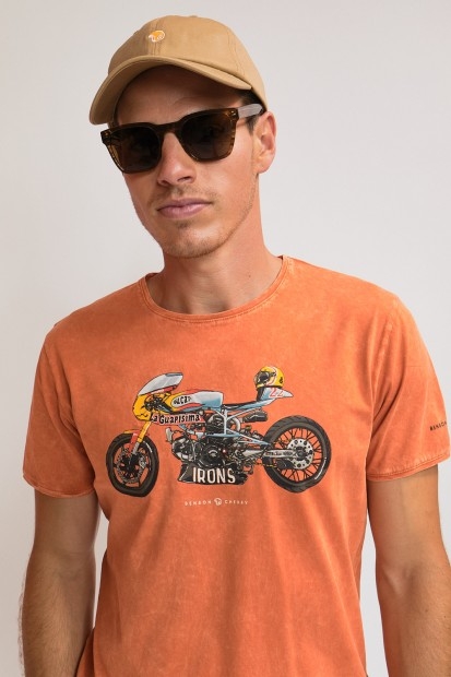 T-shirt brique effet huilé avec impression moto