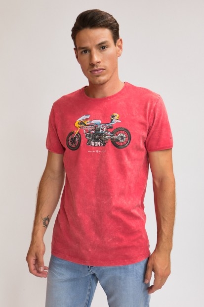 T-shirt rouge effet huilé avec impression moto