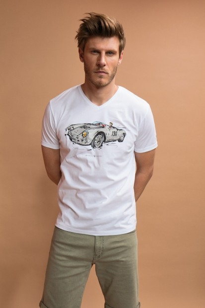 Tee-shirt blanc pour homme avec une sérigraphie voiture devant