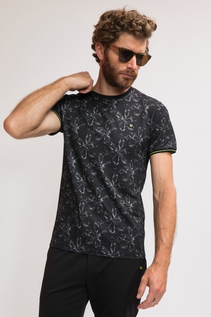 tee-shirt noir fleuri aux détails fluorescents pour homme