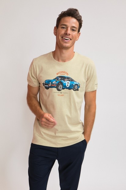 Tee-shirt délavé beige pour homme avec un imprimé voiture alpine