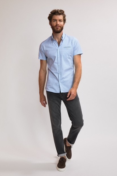 Chemise à motif discret manches courtes blanc turquoise