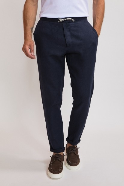 pantalon taille élastique en lin bleu marine